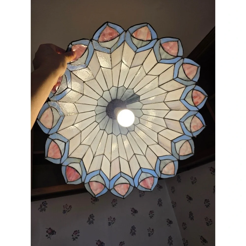 Tiffany Style Stained Glass Pendant Light Peacock Feather Slag Glass Lamp Cream
